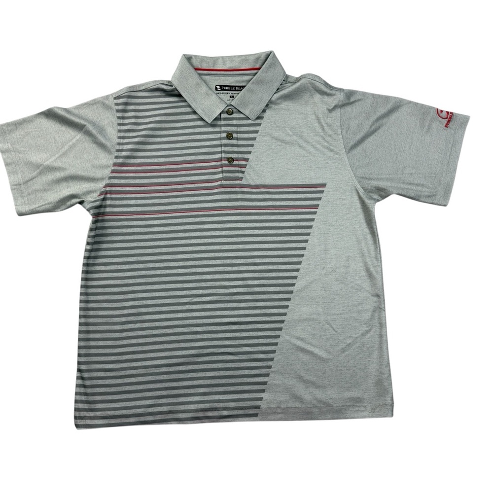Pebble Beach Dry-Luxe Performance Polo – Gray & Red Striped – Size Large